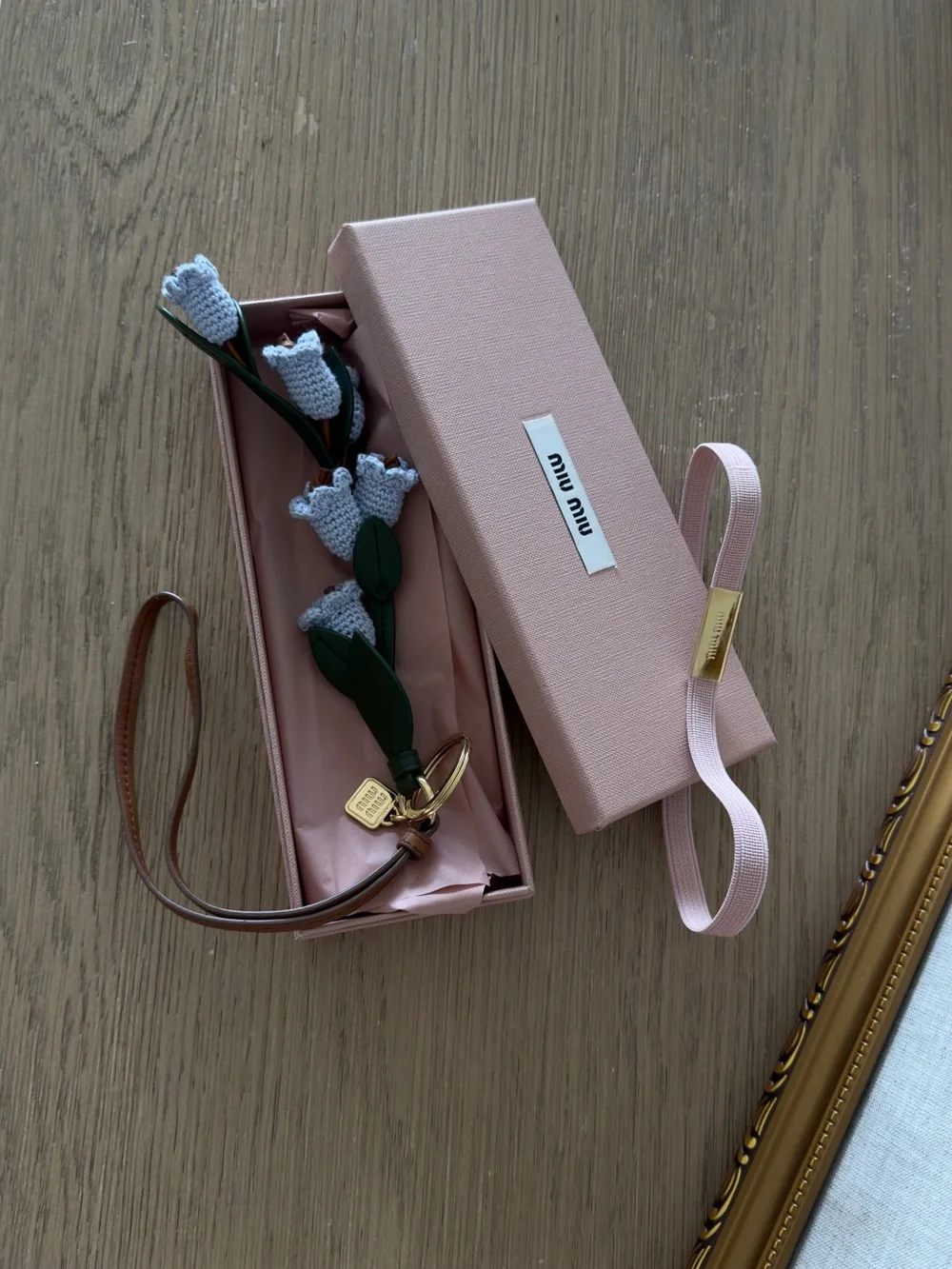 Miu Miu Brown Leather Strap Key & Floral Charm with Green Leaves